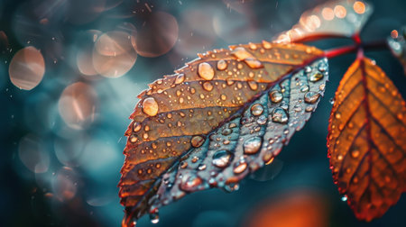 Intricate macro photograph showcasing vibrant leaves adorned with raindrops, set against a beautifully blurred bokeh background, evoking a sense of tranquility and nature's beauty.の素材