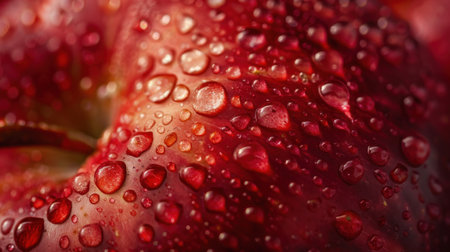 This close-up image captures the beauty of a fresh red apple, showcasing vivid colors and sparkling water droplets on its surface, perfect for food-related themes.の素材