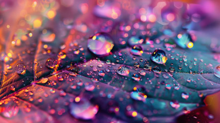 Beautiful close-up of a vibrant leaf covered in colorful water droplets, showcasing intricate textures and artistic light reflections, perfect for nature lovers.の素材