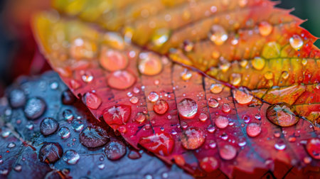 This stunning close-up captures vibrant autumn leaves adorned with dewdrops, highlighting the beauty of nature. Rich colors blend beautifully in this serene image.の素材