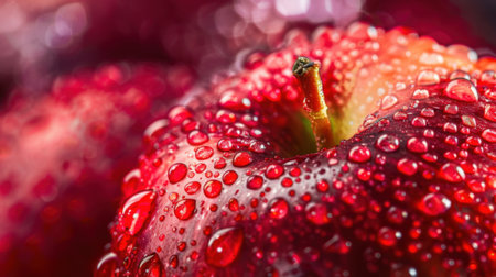 A closeup image of a fresh red apple adorned with droplets of water, showcasing its glossy surface and vibrant colors, perfect for food and health themes.の素材