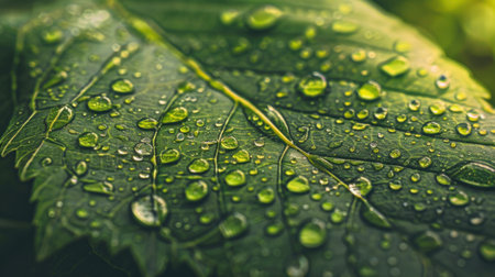 This close-up image features a fresh green leaf adorned with glistening water droplets, showcasing nature's beauty and intricate textures in a serene outdoor setting.の素材
