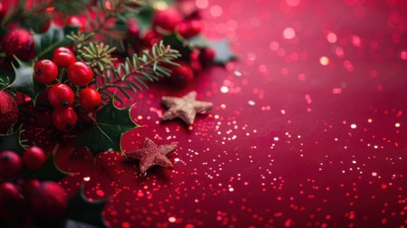 A beautiful close-up of festive decorations featuring holly, bright red berries, and glittering stars on a rich red background, perfect for holiday themes.の素材