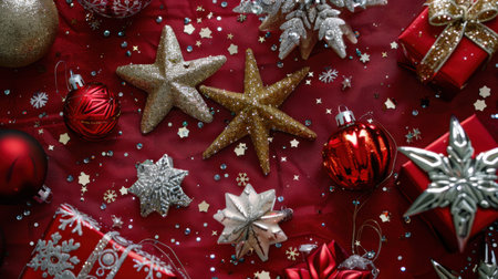 A vibrant arrangement of Christmas decorations on a red background featuring sparkling stars, shiny ornaments, and beautifully wrapped gifts, perfect for festive themes.の素材