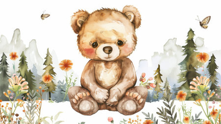 A charming watercolor illustration of a cute bear character sitting among colorful flowers and greenery, evoking a sense of joy and playfulness.の素材