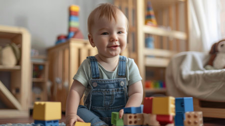 A joyful baby sits on a soft surface, surrounded by colorful building blocks, radiating happiness and curiosity in a bright, playful room filled with toys.の素材