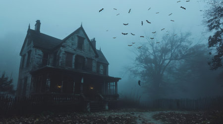 Discover an eerie abandoned house enveloped in thick fog, with bats soaring above, creating a haunting atmosphere perfect for Halloween themes and spooky stories.の素材