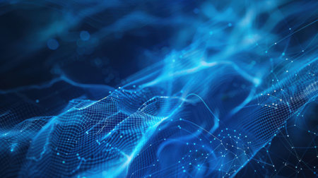 Captivating abstract digital waves with glowing particles in a deep blue background, symbolizing technology, data flow, and innovative concepts in modern design.の素材
