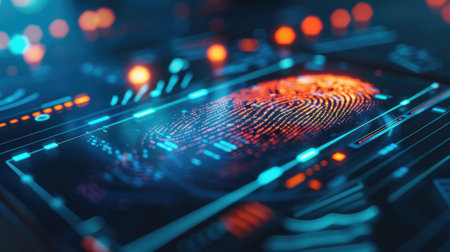 Captivating image of a futuristic fingerprint scanning technology featuring vibrant digital effects. The design showcases biometric identification and security.の素材