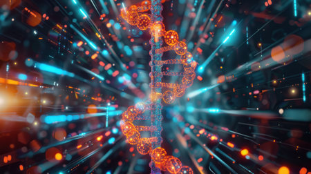 Stunning 3D visualization of a DNA helix surrounded by vibrant light effects, symbolizing advanced research in genetics and biotechnology. Perfect for science themes.の素材