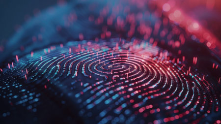 This striking abstract design showcases a detailed fingerprint pattern enhanced by vibrant particles, representing technology and data security in a colorful and modern context.の素材
