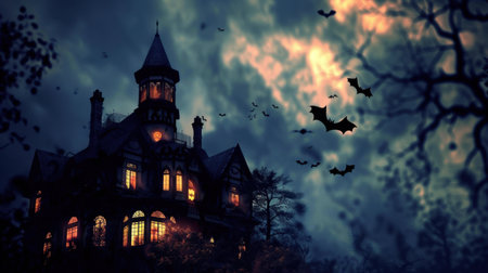 An eerie haunted house stands under a dark sky filled with bats, creating a chilling atmosphere perfect for Halloween. Shadows and mystery abound.の素材