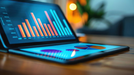 Close-up of a tablet displaying vibrant graphs and charts, showcasing data analysis in a modern workspace. Ideal for business, technology, and financial themes.の素材