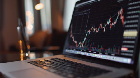 Close-up shot of a laptop displaying a stock market graph with fluctuating trends. The dark room setting highlights the technology and investment themes.の素材