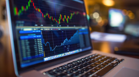 Close-up view of a laptop displaying stock market data and financial charts. Ideal for showcasing technology in finance and investment analysis.の素材