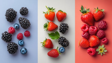 A vibrant arrangement of fresh blackberries, strawberries, blueberries, and raspberries on colorful backgrounds. Ideal for healthy lifestyle concepts and culinary art.の素材