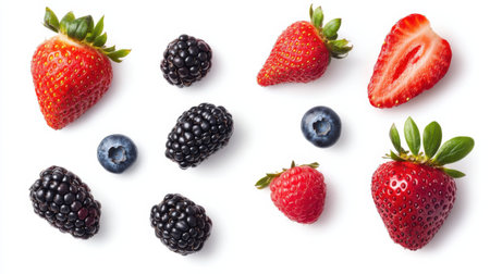 A vibrant arrangement of fresh berries showcasing strawberries, blackberries, and blueberries on a clean white background. Perfect for promoting healthy eating and seasonal recipes.の素材