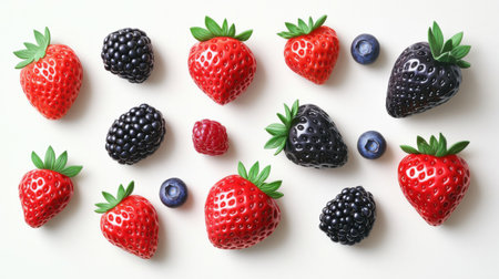 A visually appealing arrangement of fresh berries showcasing strawberries, blackberries, blueberries, and raspberries on a clean white background. Perfect for healthy food promotions.の素材