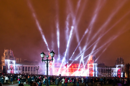 The Tsaritsino Palace, Tsaritsino, Moscow, Russia - October 14, 2014: the international festival Circle of Light, the Lazer Showのeditorial素材