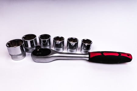 Subject photogarphy. Objects on a white background. Tool. Wrench-ratchet heads.の写真素材