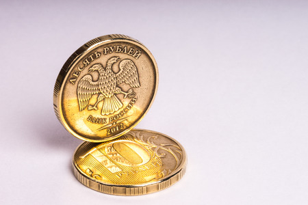The coins. Ten rubles. One to another. The macro. Closeup.の写真素材