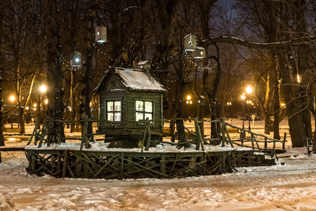 Winter 2014. Evening. Russia. Moscow. Central Park of Culture and Rest named after Gorky. Winter scenery in the Park. Little House.の写真素材