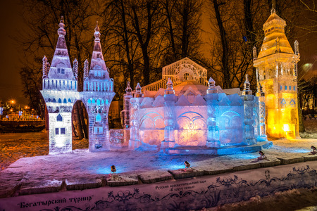 Winter 2014. December. Evening. Russia. Moscow. Center. Hermitage Garden. Russian Educational Park: In The Circle of Family. Ice sculpture. Bogatyrsky Tournament.のeditorial素材
