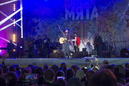 RUSSIA. TULA REGION. BUNIREVO - June 27, 2015. Musical festival The Wild Mint. Georgian musical group Mgzavrebi on the stage of the festival.のeditorial素材