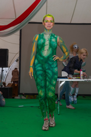 RUSSIA. TULA REGION. BUNIREVO - June 27, 2015. Musical festival "Wild Mint". Demonstration of the diploma works of the students of fashion designer Irina Lukyanova during the masterclass.のeditorial素材