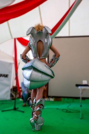 RUSSIA. TULA REGION. BUNIREVO - June 27, 2015. Musical festival "Wild Mint". Demonstration of the diploma works of the students of fashion designer Irina Lukyanova during the masterclass.のeditorial素材
