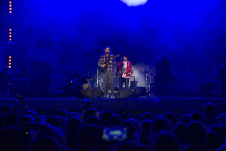 RUSSIA. TULA REGION. BUNIREVO - June 27, 2015. Musical festival The Wild Mint. Georgian musical group Mgzavrebi on the stage of the festival.のeditorial素材