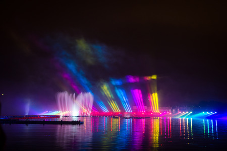 RUSSIA. MOSCOW - September 27, 2015. Festival Circle of Light. The Rowing Channel. Show with music, fountains and fireworks.のeditorial素材