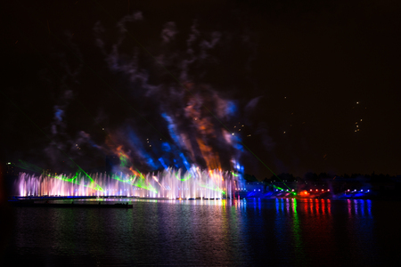RUSSIA. MOSCOW - September 27, 2015. Festival Circle of Light. The Rowing Channel. Show with music, fountains and fireworks.のeditorial素材