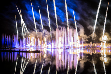 RUSSIA. MOSCOW - September 27, 2015. Festival Circle of Light. The Rowing Channel. Show with music, fountains and fireworks.のeditorial素材