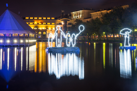 Russia. Moscow - September 30, 2015. Chistye Prudy Clean Ponds. Festival the Circle Of Light. The light installations on the water.のeditorial素材