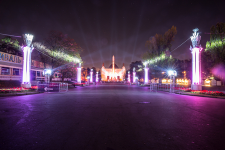 Russia. Moscow - September 28, 2015. The Circle of Light festival 2015. ENEA VDNH. The Central Alley. The Space Pavilion. Rocket.のeditorial素材