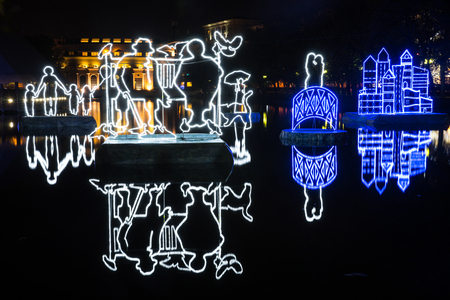 Russia. Moscow - September 30, 2015. Chistye Prudy Clean Ponds. Festival the Circle Of Light. The light installations on the water.のeditorial素材