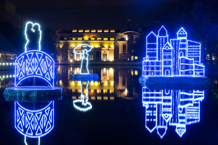 Russia. Moscow - September 30, 2015. Chistye Prudy Clean Ponds. Festival the Circle Of Light. The light installations on the water.のeditorial素材