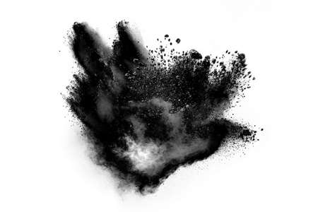 particles of charcoal on white background,abstract powder splatted on white background,Freeze motion of black powder exploding or throwing black powder.の写真素材