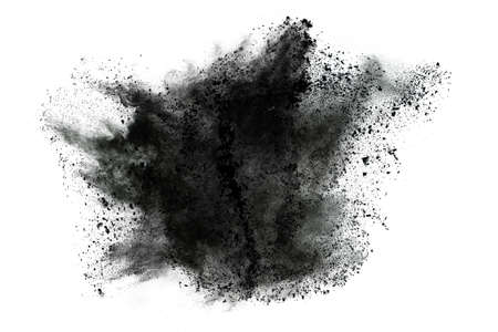 particles of charcoal on white background,abstract powder splatted on white background,Freeze motion of black powder exploding or throwing black powder.の写真素材