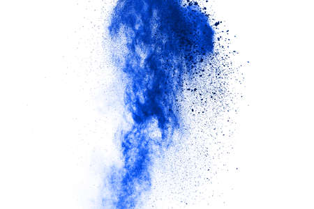 Blue color powder explosion on white background. Colored cloud. Colorful dust explode. Paint Holi.