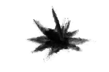 particles of charcoal on white background,abstract powder splatted on white background,Freeze motion of black powder exploding or throwing black powder.の写真素材