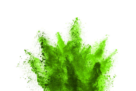 Green powder explosion on white background. Colored cloud. Colorful dust explode. Paint Holi.