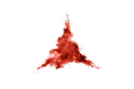living coral color powder explosion on white background. Colored cloud. Colorful dust explode. Paint...