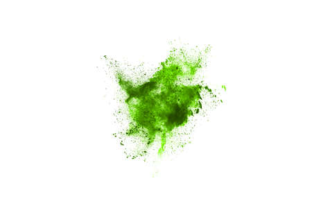 Green powder explosion on white background. Colored cloud. Colorful dust explode. Paint Holi.