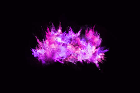 The movement of abstract dust explosion frozen purple on black background. Stop the movement of...
