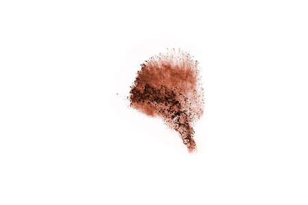 Brown color powder explosion on white background. Colored cloud. Colorful dust explode. Paint Holi.の写真素材