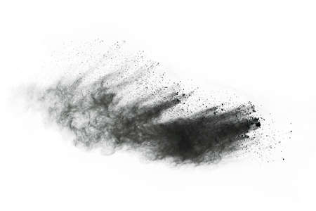 Particles of charcoal on white background,abstract powder splatted on white background,Freeze motion of black powder exploding or throwing black powder.の写真素材