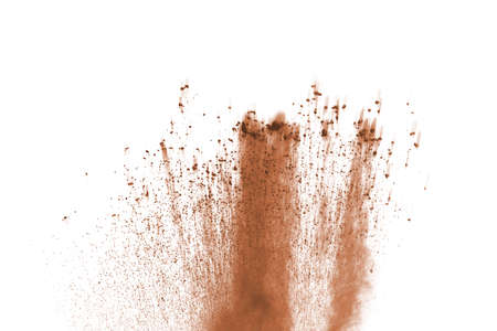 Brown color powder explosion on white background. Colored cloud. Colorful dust explode. Paint Holi.
