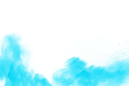 Blue color powder explosion on white background. Colored cloud. Colorful dust explode. Paint Holi.
